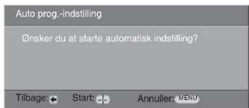 Auto prog.-indstilling Ønsker du at starte automatisk indstilling? Tilbage: + Start: - Annuller: MENU