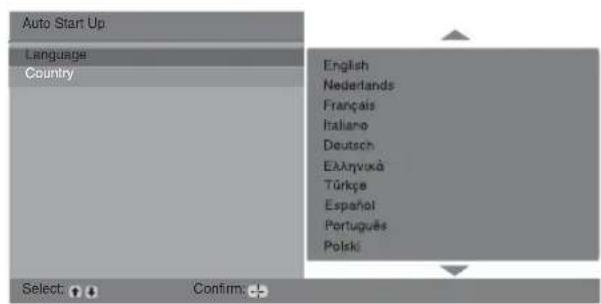Auto Start Up Language Country English Nederlands Français Italiano Deutsch EAAmyvuká Türkçe Español Português Polski Select: Confirm: