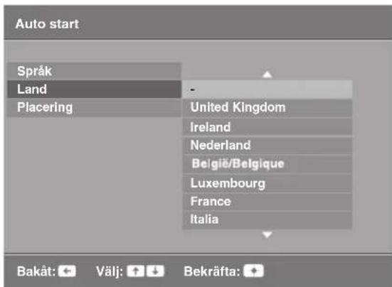 Auto start Språk Land Placering United Kingdom Ireland Nederland Belgïe/Belgique Luxembourg France Italia Bakåt: Välj: Bekräfta: