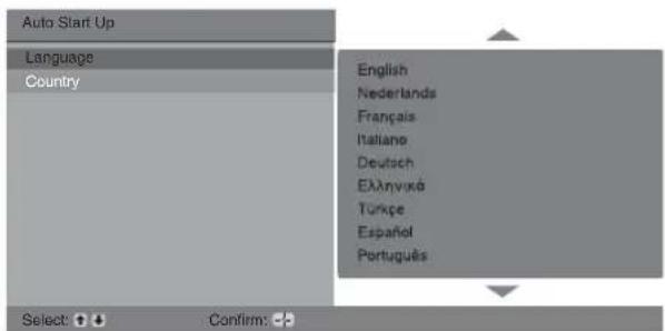 Auto Start Up Language Country English Nederlands Français Italiano Deutsch Eλληνικά Turkçe Español Português Select: ⏻ Confirm: ⏻