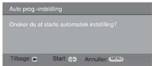 Auto prog.-indstilling Onsker du at starte automatisk indstilling? Tilbage: Start: Annuller: MENU