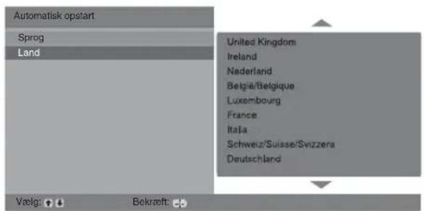 Automatisk opstart Sprog Land United Kingdom Ireland Nederland Belgia/Belgique Luxembourg France Italia Schweiz/Suisse/Svizzera Deutschland Vælg: Bekreift: