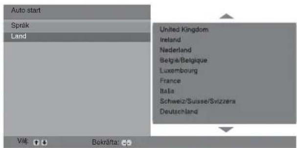 Auto start Språk Land United Kingdom Ireland Nederland Belgåe/Belgique Luxembourg France Italia Schweiz/Suisse/Svizzera Deutschland Väl. Bekräfta: -