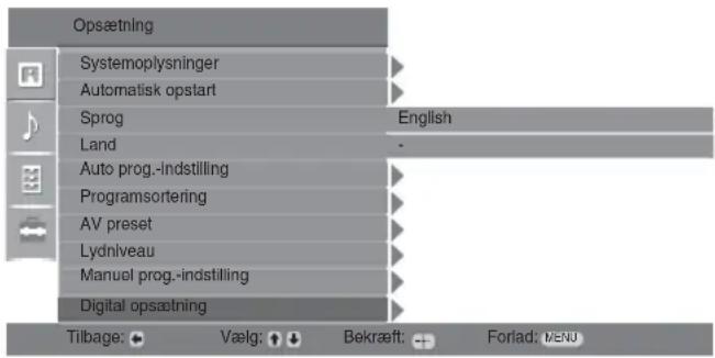 Opsætning Systemoplysninger Automatisk opstart Sprog Land English Auto prog.-indstilling Programsortering AV preset Lydniveau Manuol prog.-indstilling Digital opsætning Tilbage: Vælg: Bekræft: Forlad: VENU