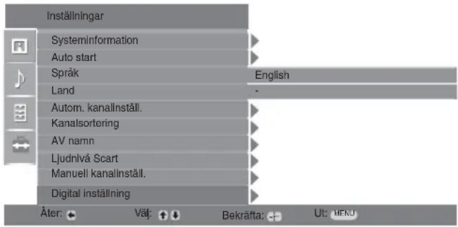 Inställningar Systeminformation Auto start Språk English Land - Autom. kanalinställ. Kanalsortering AV namn Ljudnivå Scart Manuell kanalinställ. Digital inställning Äter: Väj Bekräfta: Ut: MENO