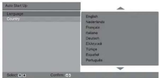 Auto Start Up Language Country English Nederlands Français Italiano Deutsch Eklnyvica Türkçe Español Português Select: ⚙️ Confirm: ⚙️