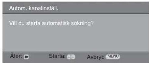 Autom. kanalinställ. Vill du starta automatisk sökning? Äter: Starta: Avbryt: MENU
