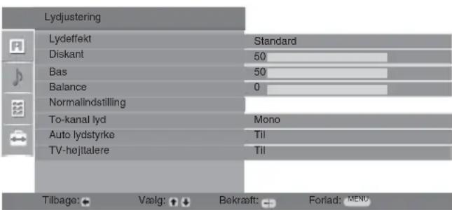 Lydjustering Lydeffekt Standard Diskant 50 Bas 50 Balance 0 Normalindstilling To-kanal lyd Mono Auto lydstyrke Til TV-højttalere Til Tilbage: Vælg: Bøkraeft: Forlad: MEND