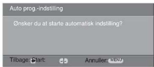 Auto prog.-indstilling Ønsker du at starte automatisk indstilling? Tilbage: Start: - - Annuller: MENU