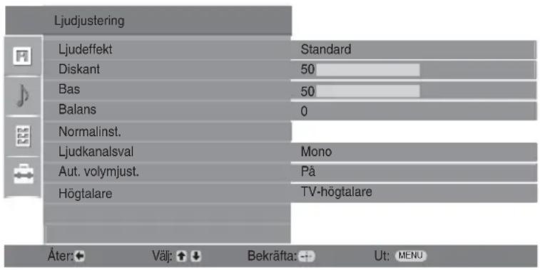 Ljudjustering Ljudeffekt Standard Diskant 50 Bas 50 Balans 0 Normalinst. Ljudkanalsval Mono Aut. volymjust. På Högtalare TV-högtalare Åter: Välj: Bekräfta: Ut: MENU