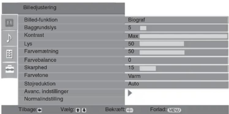 Billedjustering Billed-funktion Biograf Baggrundslys 5 Kontrast Max Lys 50 Farvemætning 50 Farvebalance 0 Skarphed 15 Farvetone Varm Støjreduktion Auto Avanc. indstillinger Normalindstilling Tilbage: Vælg: Bekræft: Forlad: MENU