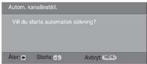 Autom. kanalinställ. Vill du starta automatisk sökning? Äter: Starta: Avbryt: MENU