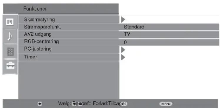 Funktioner Skærmstyring Strømsparefunk. Standard AV2 udgang TV RGB-centrering 0 PC-justering Timer Vælg: Belært: Forlad: Tilbaga: MENU