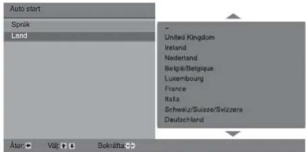 Auto start Språk Land - United Kingdom Ireland Nederland Belgå/Belgique Luxembourg France Italia Schweiz/Suisse/Svizzera Deutschland Återi Välj Bekräfta