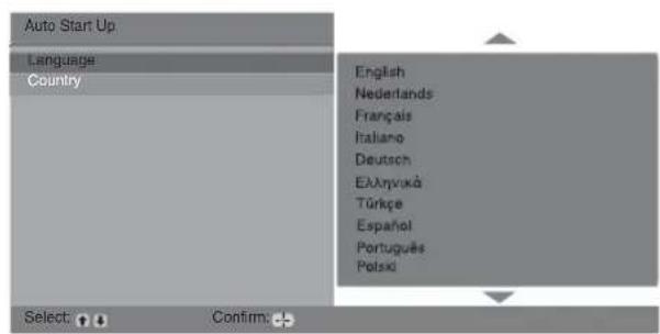 Auto Start Up Language Country English Nederlands Français Italiano Deutsch EAAnyuká Türkçe Español Português Polski Select: Confirm: