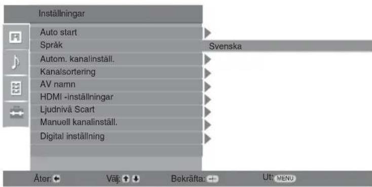 Inställningar Auto start Språk Svenska Autom. kanalinställ. Kanalsortering AV namn HDMI -inställningar Ljudnivå Scart Manuell kanalinställ. Digital inställning Äter: Välj: Bekräfta: Utl MENU