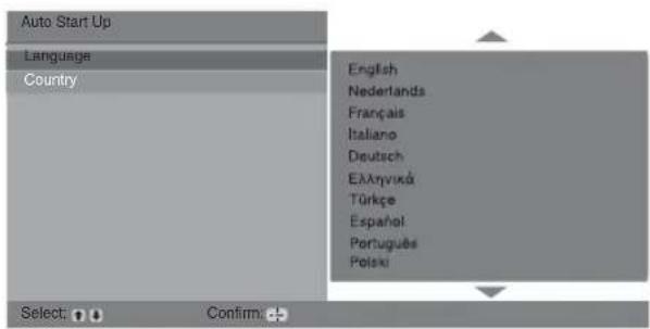 Auto Start Up Language Country English Nederlands Français Italiano Deutsch EÀlanyivká Türkçe Español Português Polski Select: Confirm: b