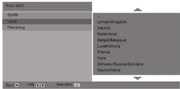 Auto start Språk Land Placering - United Kingdom Ireland Nederland Belgrie/Belgrique Luxembourg France Italia Schweiz/Suisse/Svizzera Deutschland Äter: Väj Bekräfta: