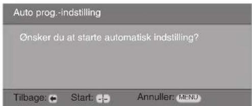 Auto prog.-indstilling Ønsker du at starte automatisk indstilling? Tilbage: ← Start: -→ Annuller: MENU