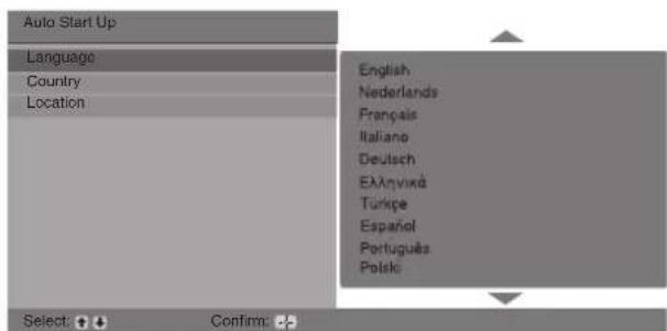 Auto Start Up Language Country Location English Nederlands Français Italiano Deutsch EÀnvivad Turkipe Español Portugues Polski Select: ✓ Confirm: -✓
