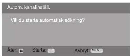 Autom. kanalinställ. Vill du starta automatisk sökning? Äter: ← Starta: -+ Avbryt: MENU
