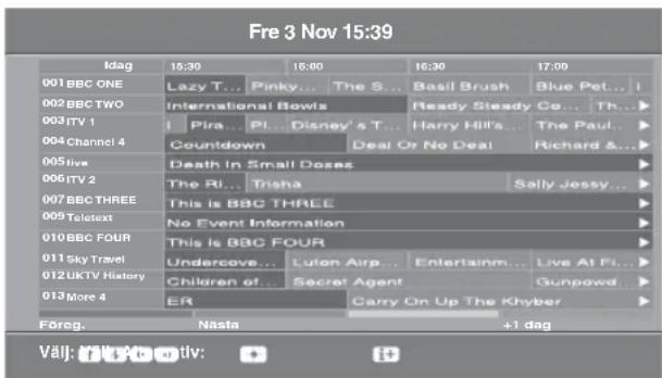 Fre 3 Nov 15:39 Idag 18:30 16:00 16:30 17:00 001 BBC ONE Lazy T... Pinky... The S... Basil Brush Byle Pet... I 002 BBC TWO International Bowls Ready Steady Co....Th... 003 ITV 1 1 Pira... PI... Disney's T... Harry Hill's... The Paul... 004 Channel 4 Countdown Deal Or No Deal Richard &... 005 Live Death In Small Dozes 006 ITV 2 The Ri... Tirsha Sally Jessy... 007 BBC THREE.This Is BBC THREE 009 Teletext No Event Information 010 BBC FOUR.This Is BBC FOUR 011 Sky Travel.Undercove... Luton Airp... Entertainm... Live At Fi... 012 UKTV History.Children of... Secret Agent Gunpowd... 013 More 4 ER Carry On Up The Khyber Föreg.Nästa +1 dag Välj: FÄKÄM Ö tviv: + +