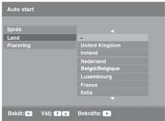 Auto start Språk Land Placering United Kingdom Ireland Nederland Belgïe/Belgique Luxembourg France Italia Bakät: ← Välj: ↑ ↓ Bekräfta: +