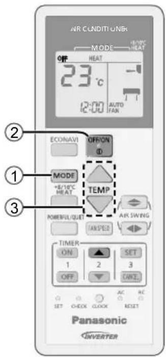 AIR COLDITI UNB MODE +/-/0°C HEAT 23 °C 12:00 AUTO FAN ECONAVI OFF/ON ID MODE +/-/10°C HEAT TEMP POWER/FU/QUET AIR SWING ANSIPES TIMER ON SET 1 2 3 OFF CAKE SET CHECK CLOCK RESET SET CHECK CLOCK RESET Panasonic INVERTER