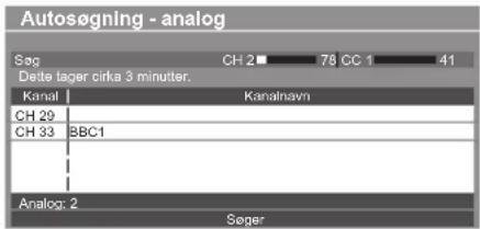 Autosøgning - analog Søg CH 2 78 CC 1 41 Dette tager cirka 3 minutter. Kanal Kanalnavn CH 29 CH 33 BBC1 Analog: 2 Søger