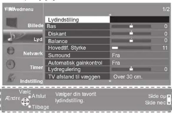 V1/2 V1/2 Lydindstilling Billede Bas 0 Diskant 0 Balance 0 Hovedtif. Styrke 11 Surround Fra Automatisk gainkontrol Fra Lydregulering 0 TV afsland til væggen Over 30 cm. Indstilling Vælg Aflut Vælger din favorit lydindstilling. Side op Side nec Tilbage