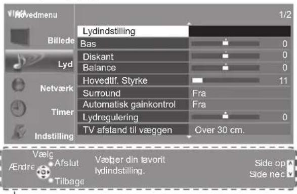 Lydindstilling Billede Bas 0 Diskant 0 Balance 0 Hovedtlf. Styrke 11 Surround Fra Automatisk gainkontrol Fra Lydregulering 0 TV afstand til væggen Over 30 cm. Indstilling Vælc Aflut Væber din favorit lydindstilling. Side op Side nec