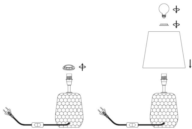 Diagram showing two lighting setups with hexagonal lamp, light bulb, and lampshade, labeled with Chinese character 'Φ' indicating component.