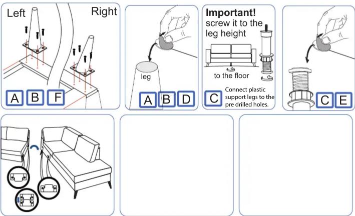 Left Right A B F Important! screw it to the leg height to the floor C Connect plastic support legs to the pre drilled holes. C E