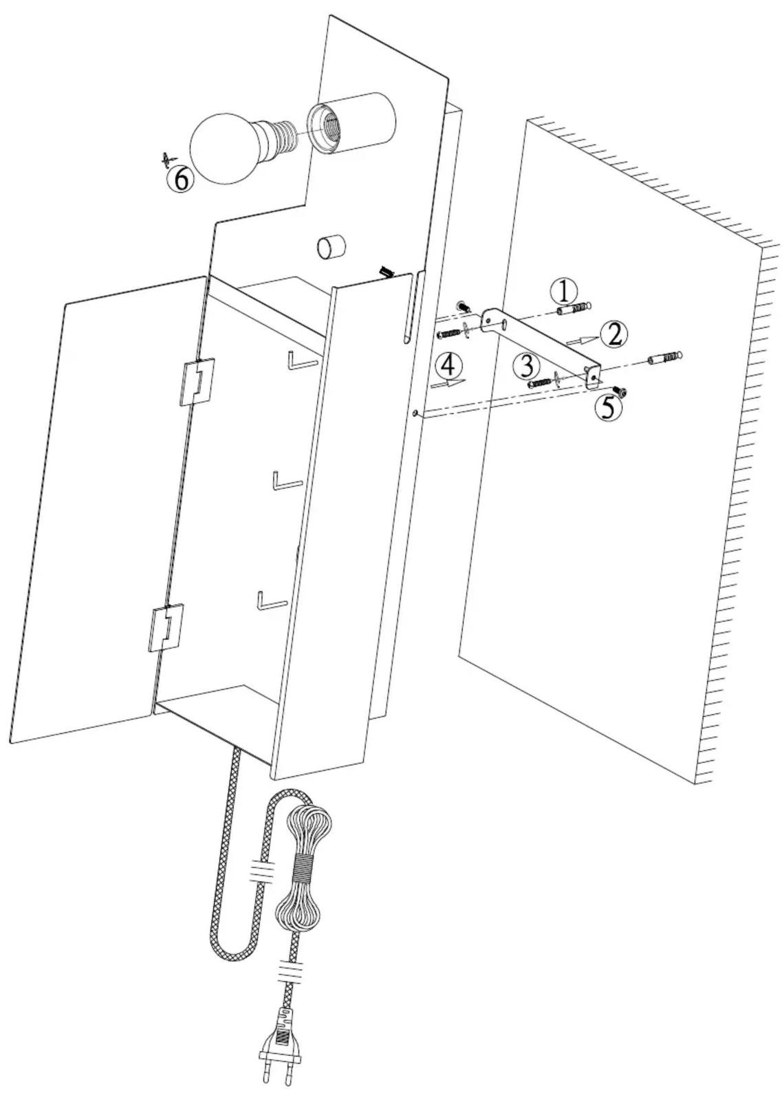 Technical diagram of an electrical cabinet with labeled components and wiring, showing internal structure and assembly steps.