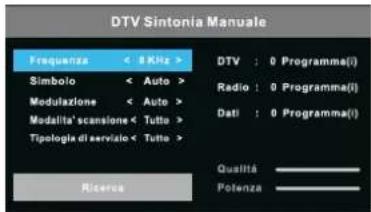 DTV Sintonia Manuale Frequenza < 8 KHz > Simbolo < Auto > Modulazione < Auto > Modalità' scansione < Tutto > Tipologia di servizio < Tutto > Ricerca DTV : 0 Programma(i) Radio : 0 Programma(i) Dati : 0 Programma(i) Qualità _ Potenza _