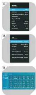 Mobile app interface screenshots showing menu options and keyboard shortcuts for user actions