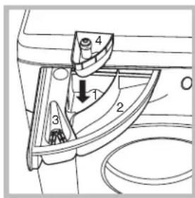 Technical diagram of a mechanical component with numbered parts and an arrow indicating direction