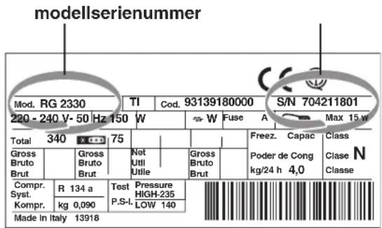 modellserienummer Mod. RG 2330 TI Cod. 93139180000 S/N 704211801 220 - 240 V- 50 Hz 150 W W Fuse A Max 15 w Total 340 75 Freez. Capac Class Gross Bruto Brut Gross Bruto Brut Not Util Utile Gross Bruto Brut Poder de Cong kg/24 h 4,0 Clase N Compr. R 134 a Test Pressure HIGH-235 Syst. P.S-I Low 140 Kompr. kg 0,090 Made in Italy 13918