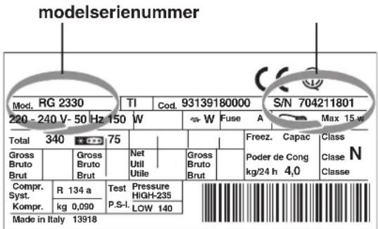 modelserienummer Mod. RG 2330 TI Cod. 93139180000 S/N 704211801 220 - 240 V- 50 Hz 150 W W Fuse A Max 15 m Total 340 75 Freez. Capac Class Gross Bruto Brut Gross Bruto Brut Gross Bruto Brut Poder de Cong N Clase N Compr. R 134 a Test Pressure High-235 Syst. P.S.- LLOW 140 Kompr. kg 0,090 Made in Italy 13918