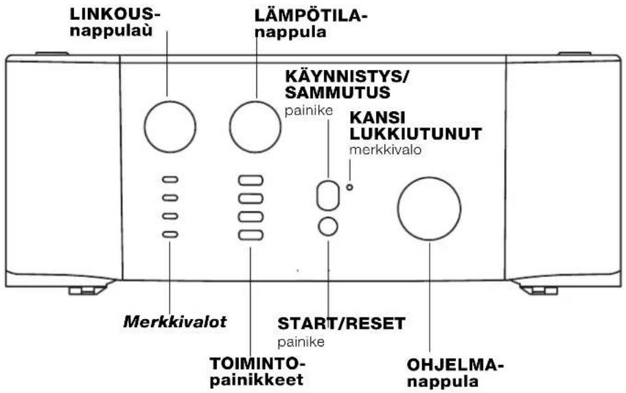 LINKOUS- nappulaü LÄMPÖTILA- nappula KÄYNNISTYS/ SAMMUTUS painike KANSI LUKKIUTUNUT merkkivalo Merkkivalot START/RESET painike TOIMINTO- painikkeet OHJELMA- nappula