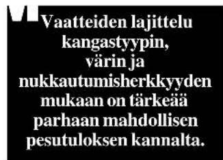 Vaatteiden lajittelu kangastyypin, värin ja nukkautumisherkkyyden mukaan on tärkeää parhaan mahdollisen pesutuloksen kannalta.