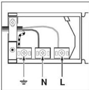 Electrical wiring diagram showing connections between terminals N and L with grounding symbols