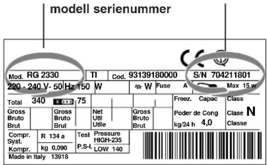 modell serienummer Mod. RG 2330 TI Cod. 93139180000 S/N 704211801 220 - 240 V- 50 Hz 150 W W Fuse Max 15 w Total 340 75 Freez. Capac Class Gross Bruto Brut Gross Bruto Brut Net Utili Utile Gross Bruto Brut Poder de Cong kg/24 h 4,0 Clase N Compr. R 134 a Test Pressure HIGH-235 Syst. P.S-I. Kompr. kg 0,090 LOW 140 Made in Italy 13918