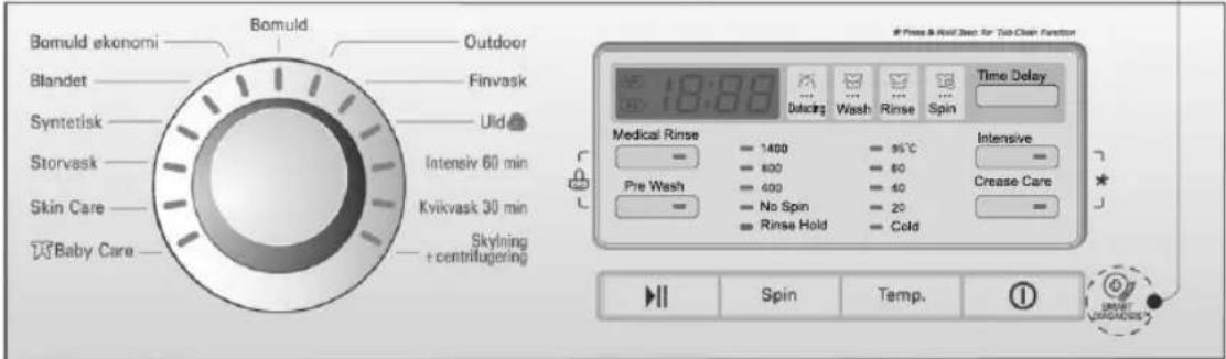 Bomuld ekonomi Outdoor Blandet Finvask Symetisk Uld Storvask Intensiv 60 min Kvikvask 30 min Skin Care Baby Care Skylning + centrifugering Press & Roll Det for Too Clean Function 10:00 10:00 Time Delay Medical Rinse 1400 95°C Pre Wash 800 60 400 40 No Spin 20 Rinse Hold Cold Intensive Crease Care Spin Temp. ① SPIN
