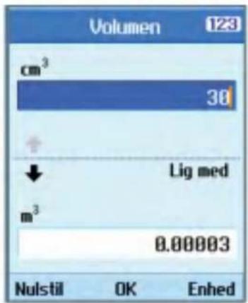 Volumen 123 cm³ 30 + ↓ Lig med m³ 0.00003 Nulstil OK Enhed