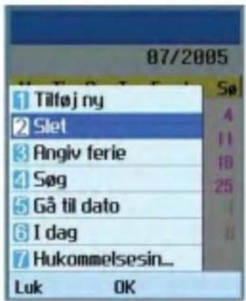 07/2005 1 Tilføj ny 2 Slet 3 Angiv ferie 4 Søg 5 Gå til dato 6 I dag 7 Hukommelsesin... Luk OK
