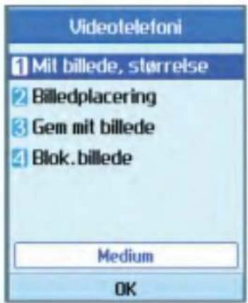 Videotelefon 1 Mit billede, størrelse 2 Billedplacering 3 Gem mit billede 4 Blok.billede Medium OK