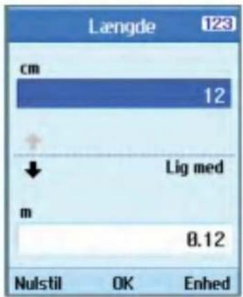 Længde 123 cm 12 + ↓ Lig med m 0.12 Nulstil OK Enhed