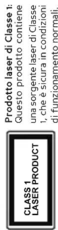 CLASS 1 LASER PRODUCT Prodotto laser di Classe 1: Questo prodotto contiene una sorgente laser di Classe 1, che è sicura in condizioni di funzionamento normali.