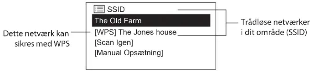Dette netværk kan sikres med WPS SSID The Old Farm [WPS] The Jones house [Scan Igen] [Manual Opsætning] Trådløse netværker i dit område (SSID)